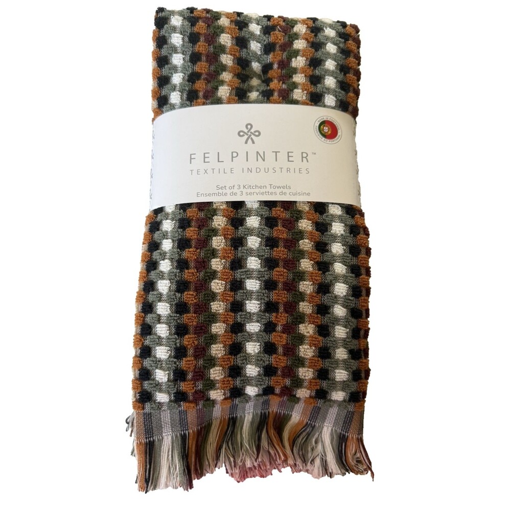 Felpinter Kitchen Dish Towels Set of 3 Rust Black Gray Check Made in PORTUGAL